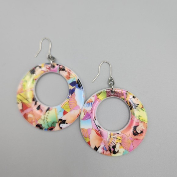 Vintage Japanese Geisha Earrings 2" Dangle Hoop Asian - Picture 8 of 9